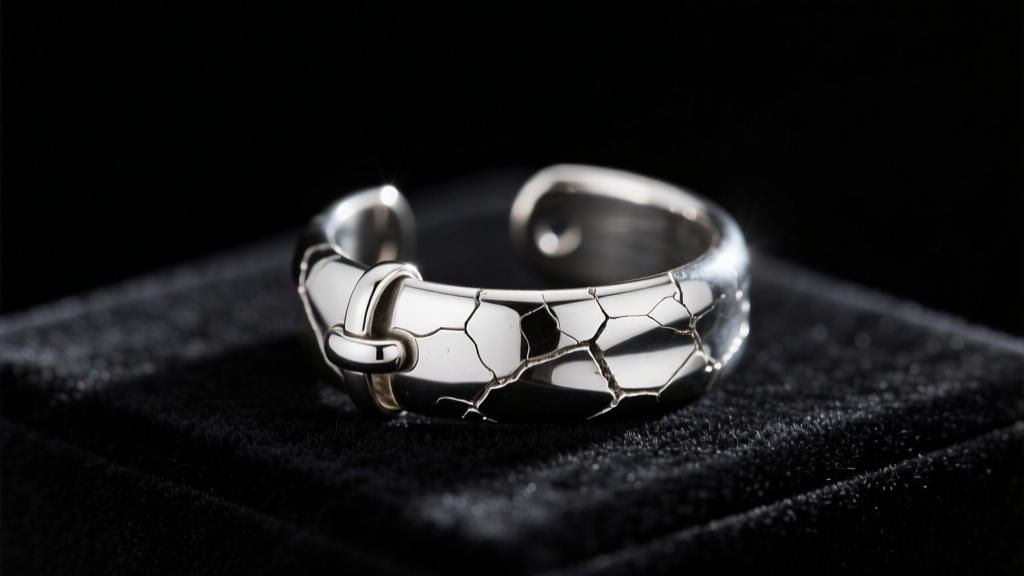 Macro shot of a sterling silver ear cuff showing visible metal fatigue and micro-fractures near the hinge on a dark velvet display