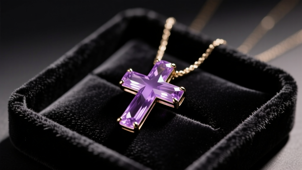 Close-up of a faded amethyst purple cross necklace pendant resting on a dark velvet jewelry tray under warm diagnostic lighting