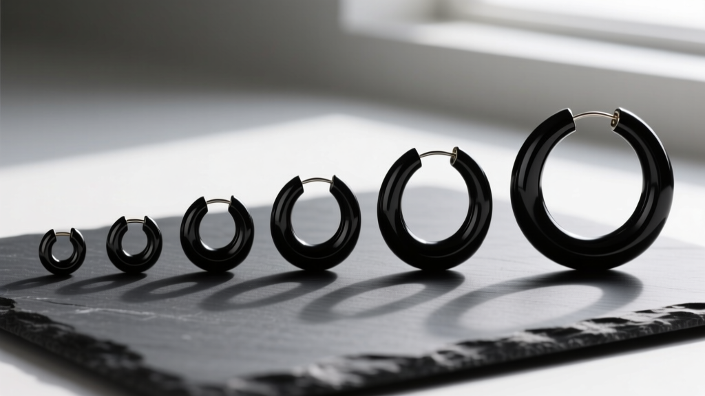 Flat lay of varying black circle hoop earring diameters from 10mm huggies to 40mm statement hoops on a dark slate surface