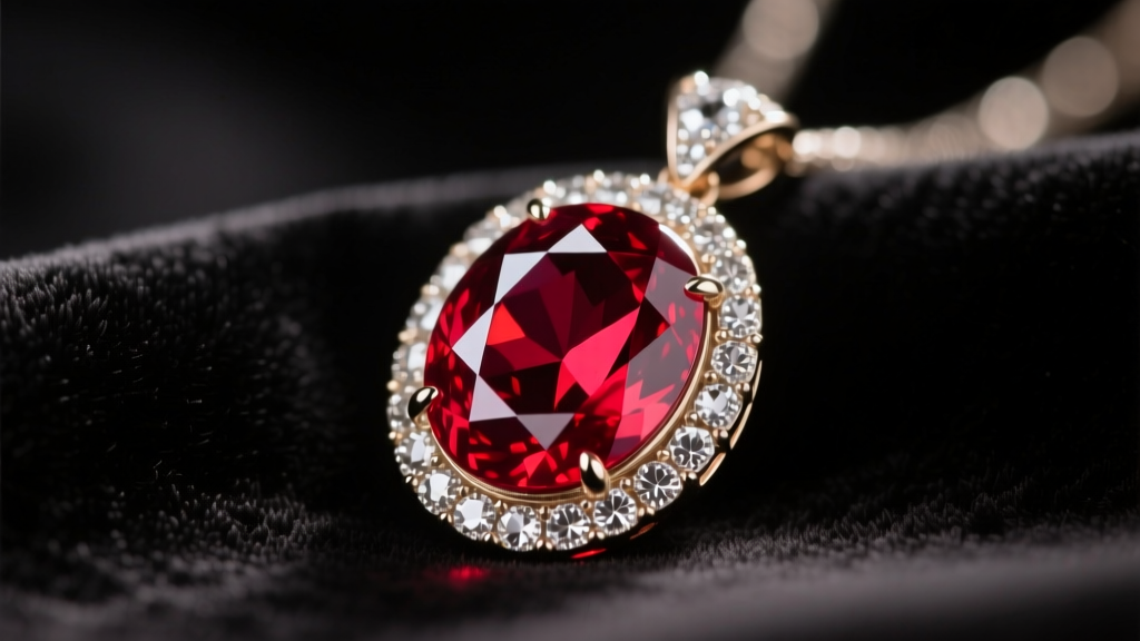 Macro shot of a 15-carat oval Burmese ruby pendant with diamond pavé, resting on dark velvet under warm studio lighting
