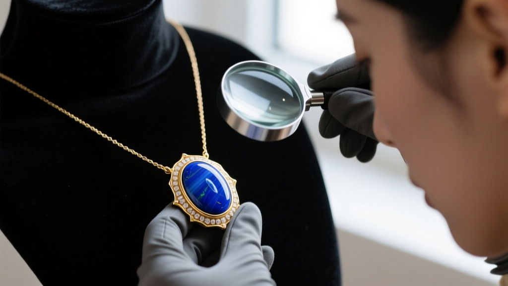 Jeweler inspecting a bezel-set lapis lazuli gold necklace under a loupe, highlighting the protective gold rim around the soft stone