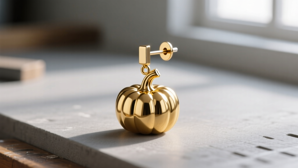 Gold pumpkin drop earring fitted with a newly soldered 18-gauge titanium post on a workbench to provide better earlobe support