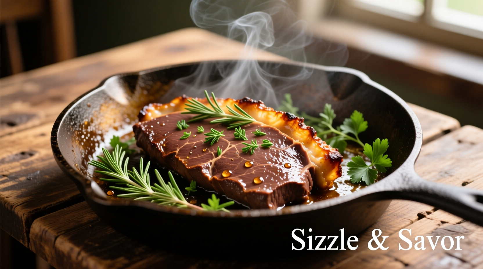 Beef liver sizzling in cast iron skillet with herbs