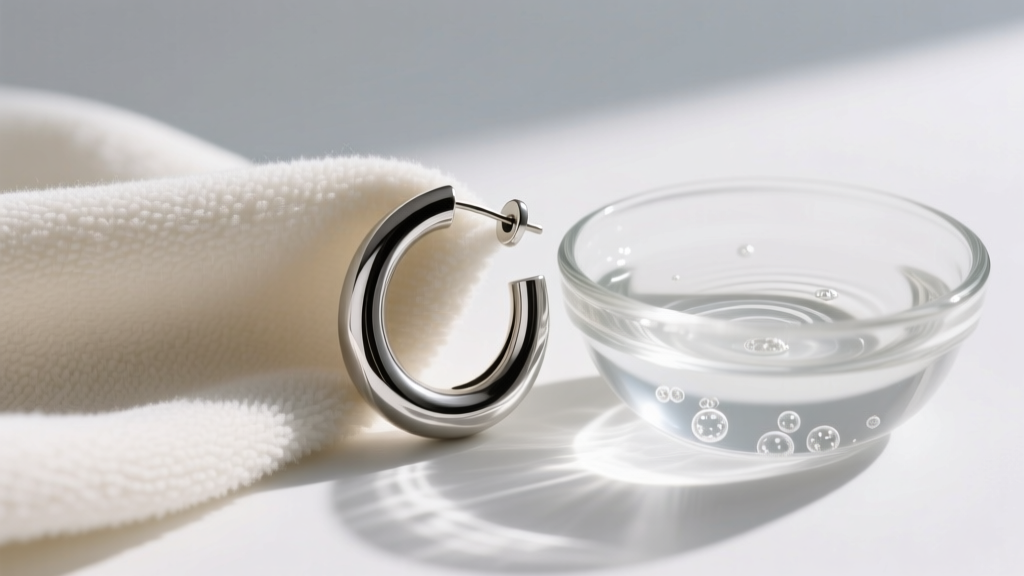 A soft microfiber cloth gently wiping a silver-tone fashion hoop earring next to a small bowl of mild soapy distilled water.