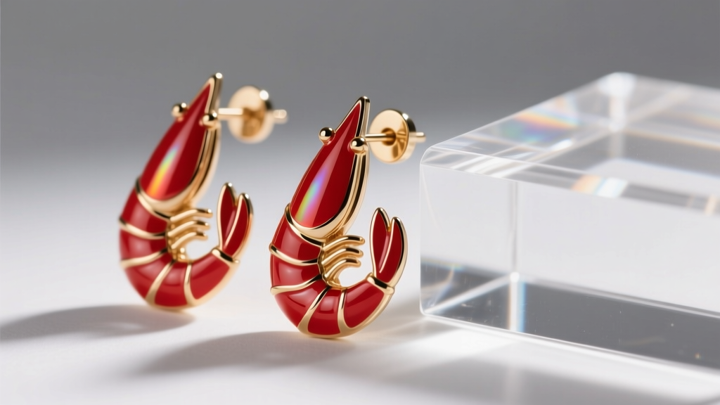 Macro shot of red enameled brass shrimp drop earrings beside a translucent acrylic pair, highlighting surface texture differences