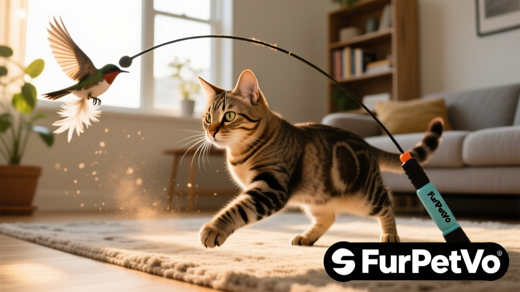 Cat playing with a FurPetVo-branded interactive wand toy designed to simulate bird flight patterns