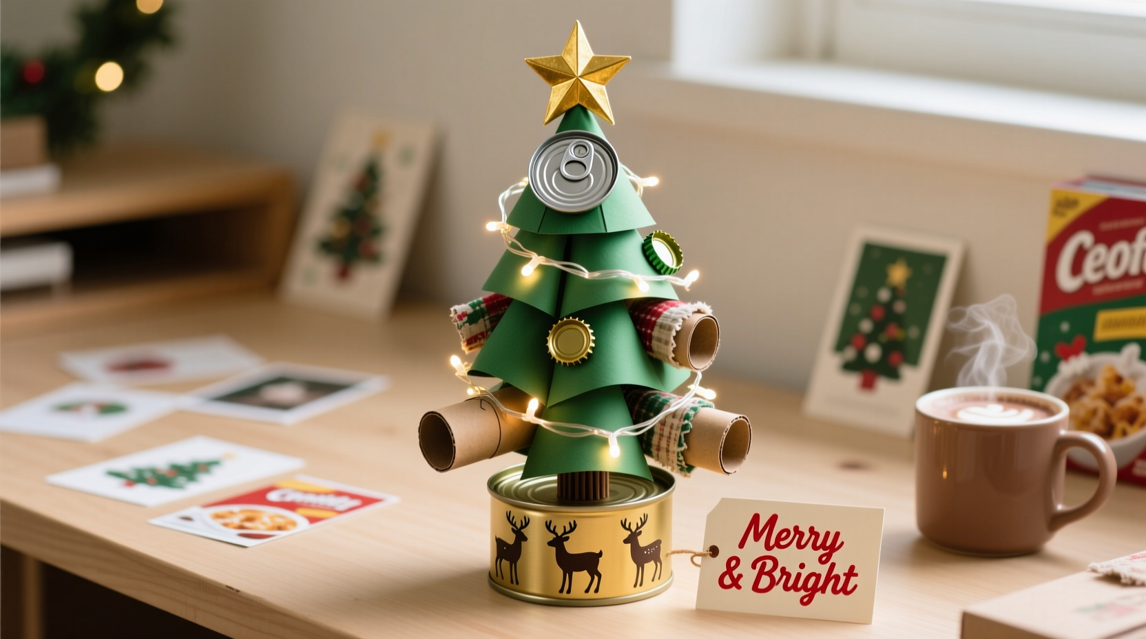 how to make a mini christmas tree for your desk using recycled materials