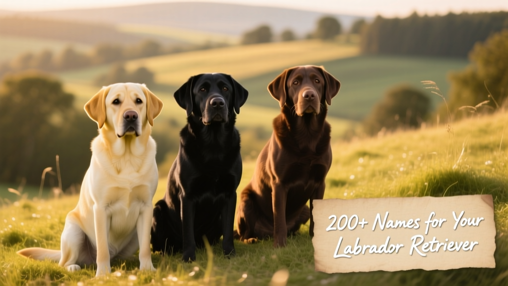 A trio of Labrador Retrievers — yellow, black, and chocolate — sitting together on a grassy hill