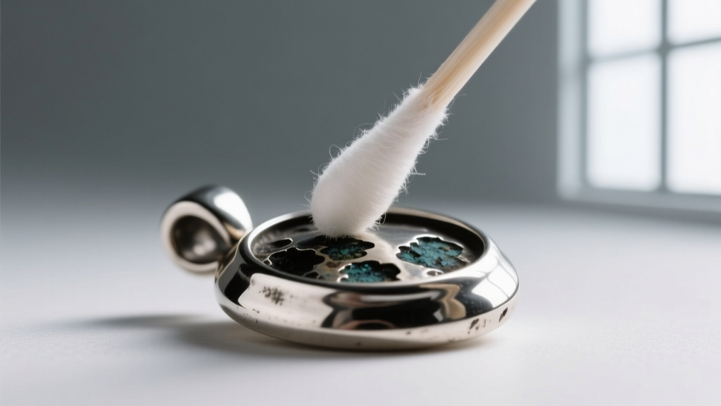 Close-up of a cotton swab cleaning polished edges of an oxidized silver pendant, avoiding the dark recessed patina details