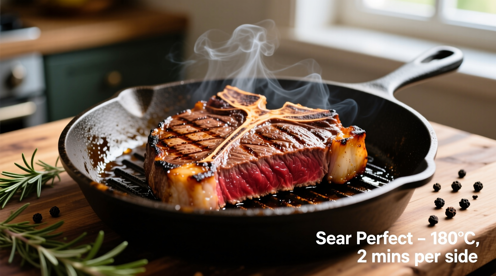 Perfectly seared t-bone steak on cast iron skillet