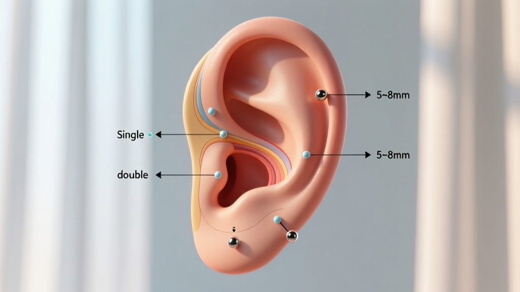 Anatomical ear diagram showing precise spacing and angle requirements for single, double, and triple forward helix piercing placements