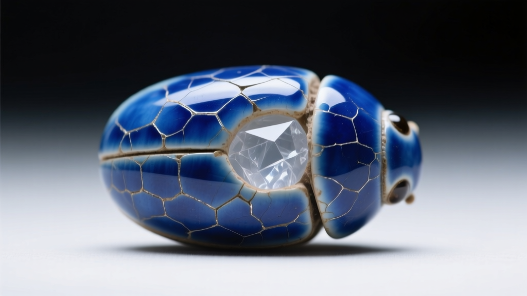 Macro shot of an ancient blue faience scarab bead revealing fine glaze crazing and a quartz core under soft museum lighting.