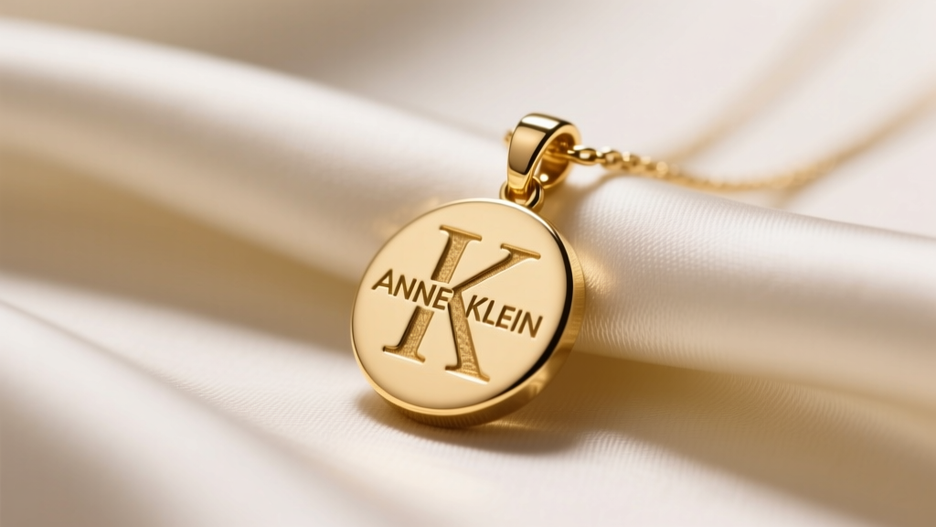 Macro shot of an Anne Klein gold-tone pendant on silk, showing logo engraving and polished brass finish under warm light.