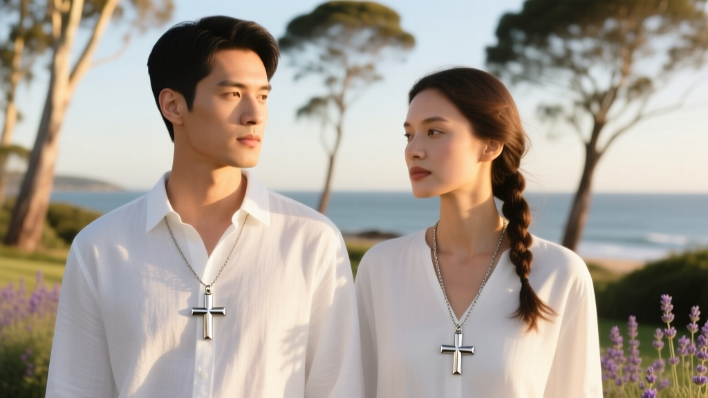 Two people wearing stainless steel St Benedict necklaces over white linen shirts, illuminated by bright natural outdoor sunlight.