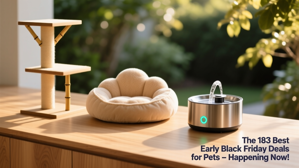 A curated selection of popular pet products: a sleek cat tree, a plush dog bed, and a modern pet water fountain arranged on a light wood surface