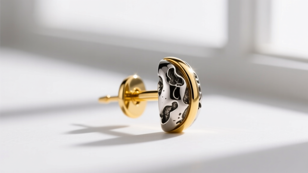 Macro shot of an earring post showing contrast between dark oxidized silver crevices and bright 18k yellow gold accents.