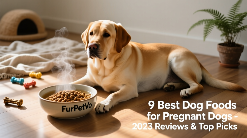 A bowl of FurPetVo RR Food rehydrated with warm water, next to a healthy, calm pregnant dog resting nearby