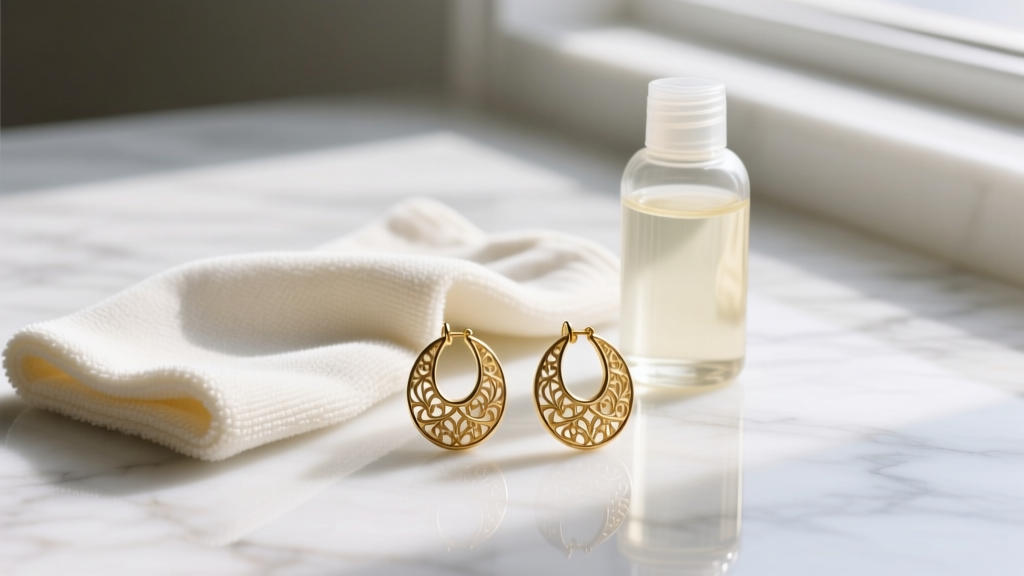 Microfiber cloth and gentle polish solution resting beside textured gold vermeil rai earrings on a clean white marble surface