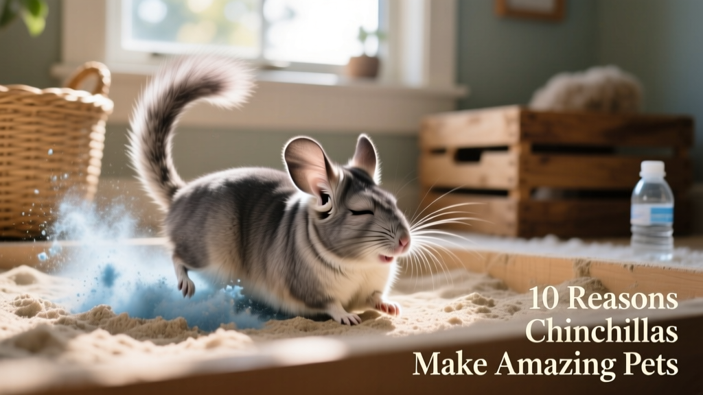 A chinchilla happily rolling in a shallow dust bath, kicking up fine blue-gray dust, with fluffy tail raised and eyes closed in delight