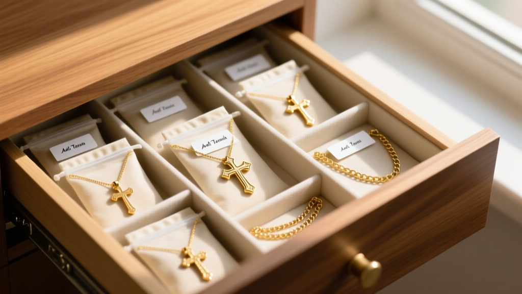 Open drawer showing anti-tarnish bags containing personalized name and cross pendants, neatly separated from other gold chains.