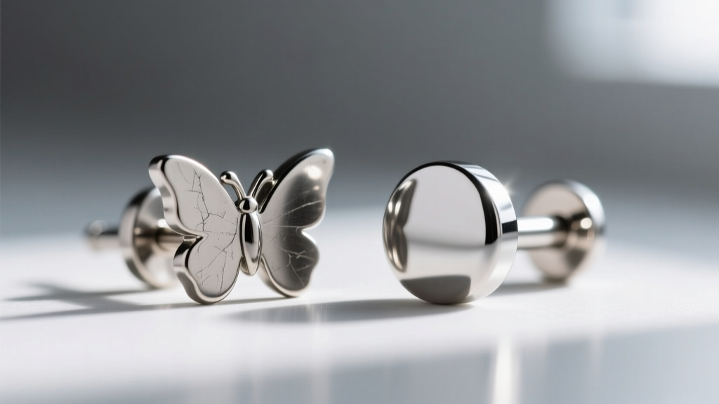 Macro photography comparing a dull surgical steel butterfly earring back to a polished mirror-finish titanium flat-back labret