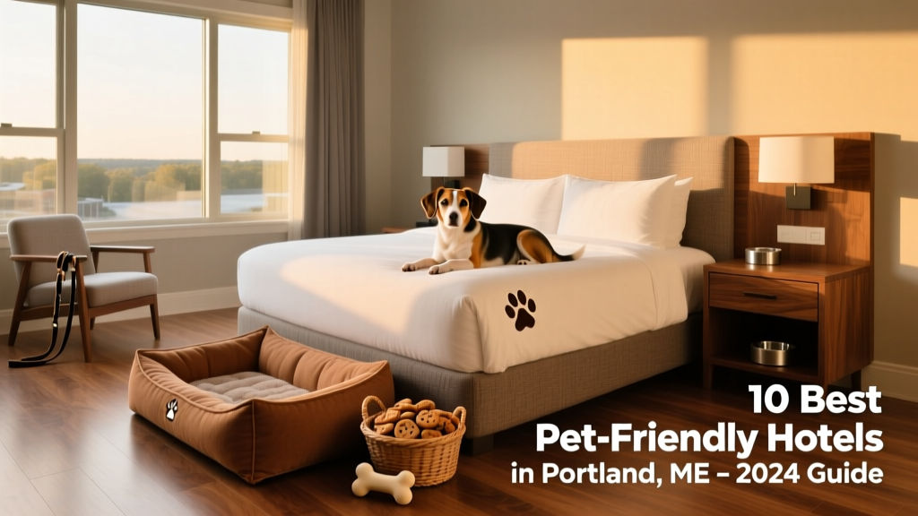 Modern guest room at Hilton Garden Inn Portland with a pet bed placed beside the bed and a small treat basket on the nightstand