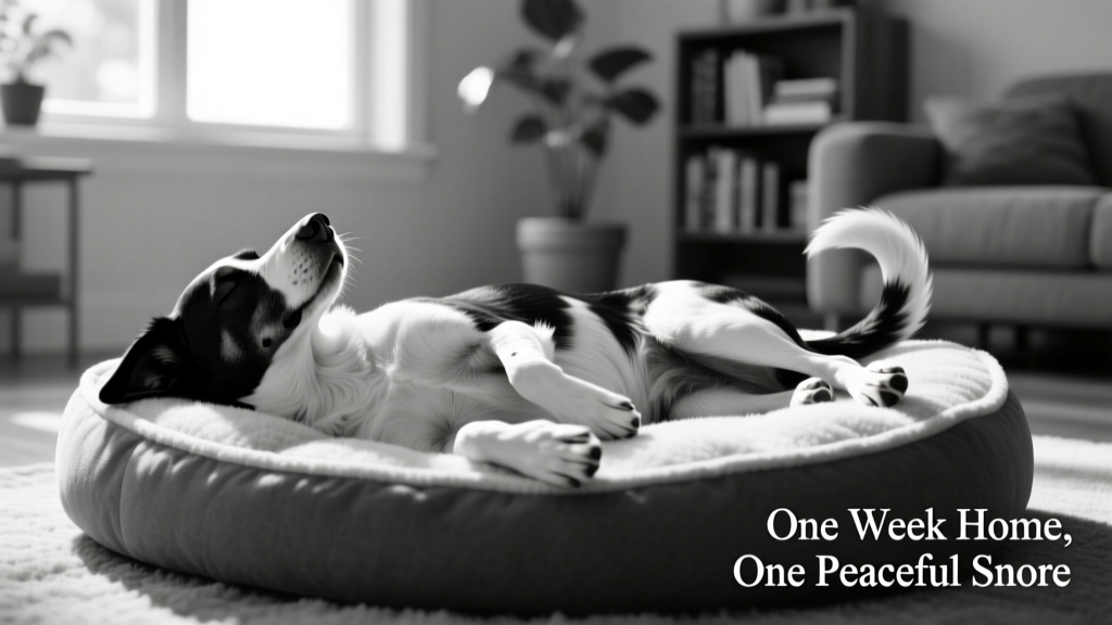 Black and white mixed-breed dog sleeping peacefully on her back in a cozy dog bed