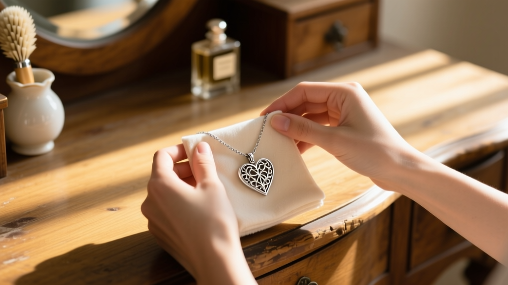 Hands polishing a delicate silver heart necklace with a microfiber cloth over a wooden vanity table in warm sunlight.