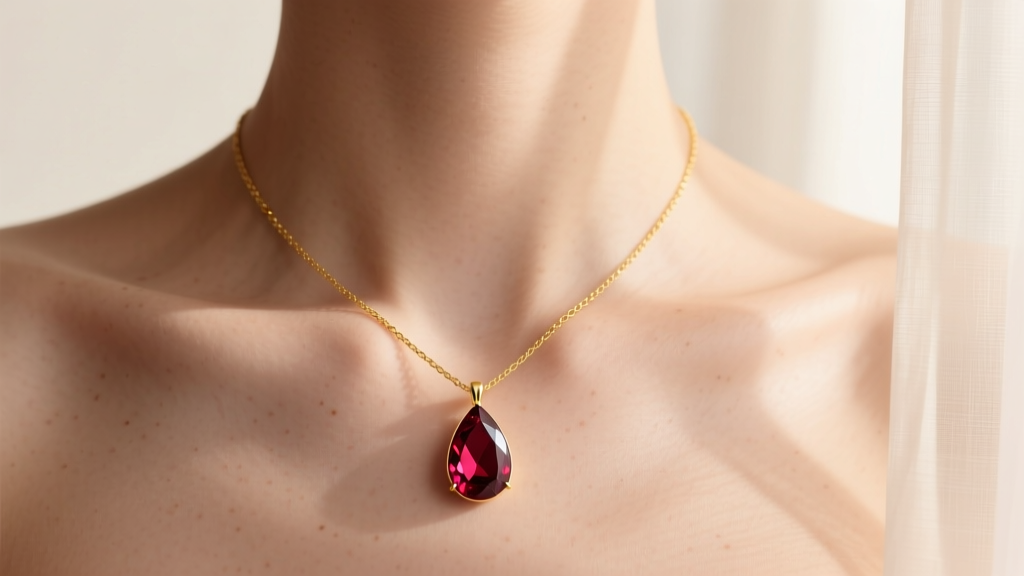 Close-up of a collarbone wearing a minimalist 18k yellow gold lariat necklace with a deep red rhodolite garnet teardrop stone.