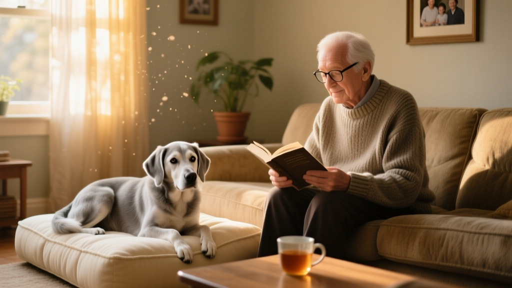 An older, gentle-looking dog resting on a padded mat beside a senior adult reading calmly on the sofa