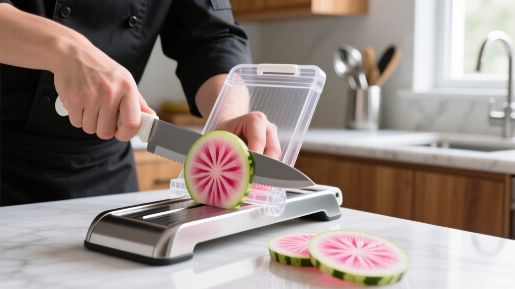 Close-up of a chef safely using a modern mandoline slicer with a transparent hand-guard to slice translucent watermelon radish rounds