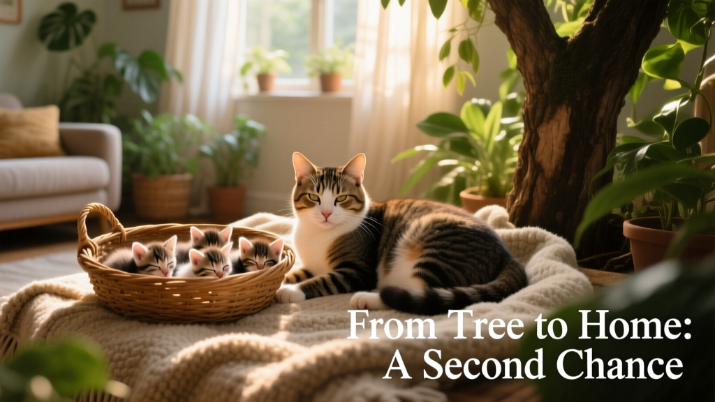 Mama cat resting peacefully on a cozy blanket beside four kittens napping in a woven basket, in a bright, plant-filled living room