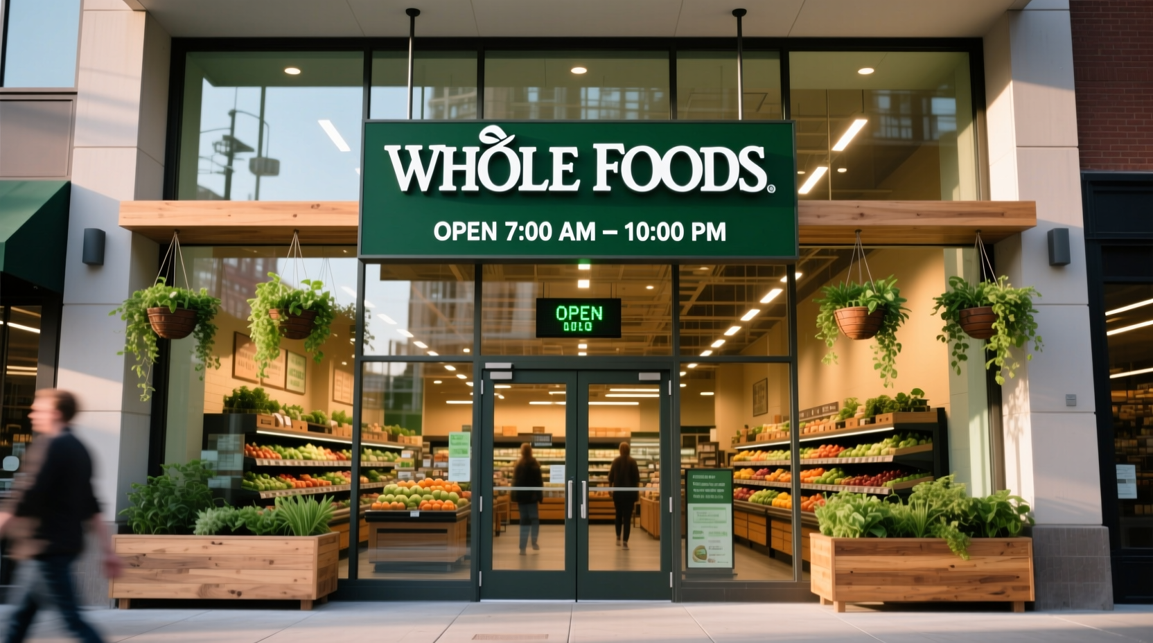 Whole Foods Market storefront with opening hours display