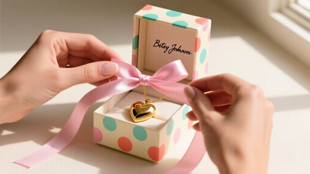 Hands tying a pastel pink ribbon around a signature Betsey Johnson polka-dot jewelry box containing a delicate gold heart locket.