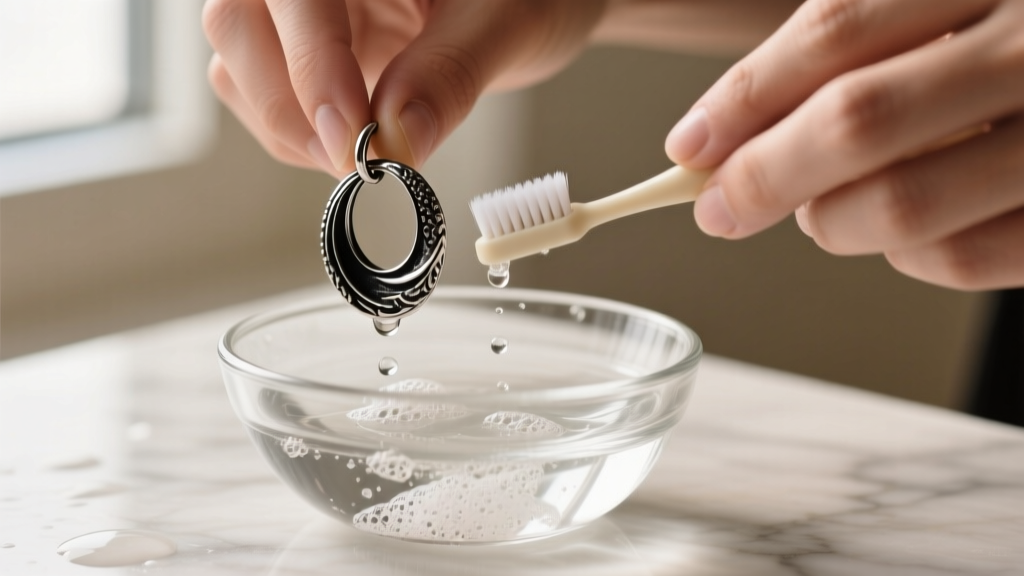 Hands gently cleaning oxidized black silver hoop earrings with a soft baby toothbrush and mild soapy water in a small glass bowl