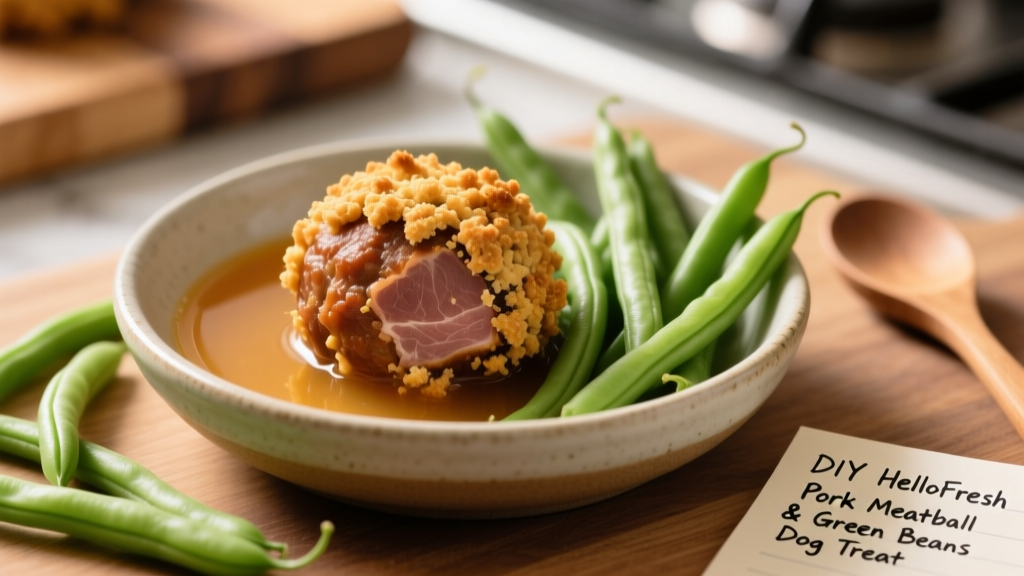 Close-up of a homemade dog treat: a golden-brown meatball coated in crumbled biscuit, resting beside vibrant green bean strips in a shallow bowl with light amber broth