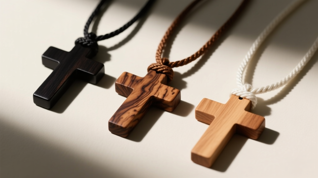 Flat lay of three wooden cross pendants in ebony, walnut, and maple, strung on black, brown, and white waxed cotton cords.
