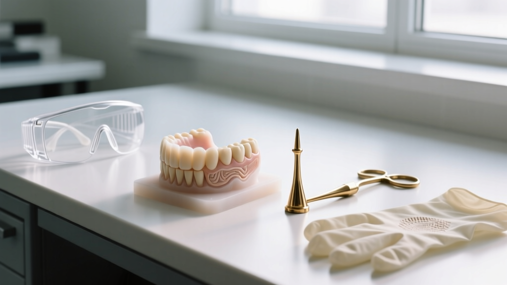A detailed workbench showing a non-toxic silicone tooth mold next to a brass sprue, with clear safety goggles and nitrile gloves.