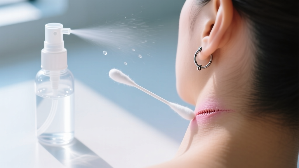 Sterile saline wound wash spray bottle and a cotton swab gently cleaning the back of a healed 16-gauge cartilage hoop piercing.