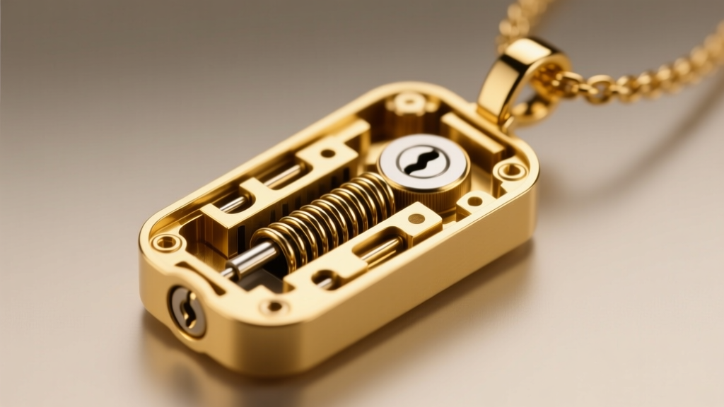 Technical cross-section rendering of a functional gold pendant lock mechanism showing the internal pin tumbler springs and keyway.