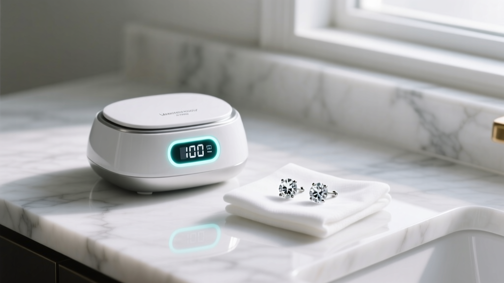 Sleek ultrasonic jewelry cleaner with a digital timer on a marble vanity, beside diamond studs and a folded microfiber cloth.