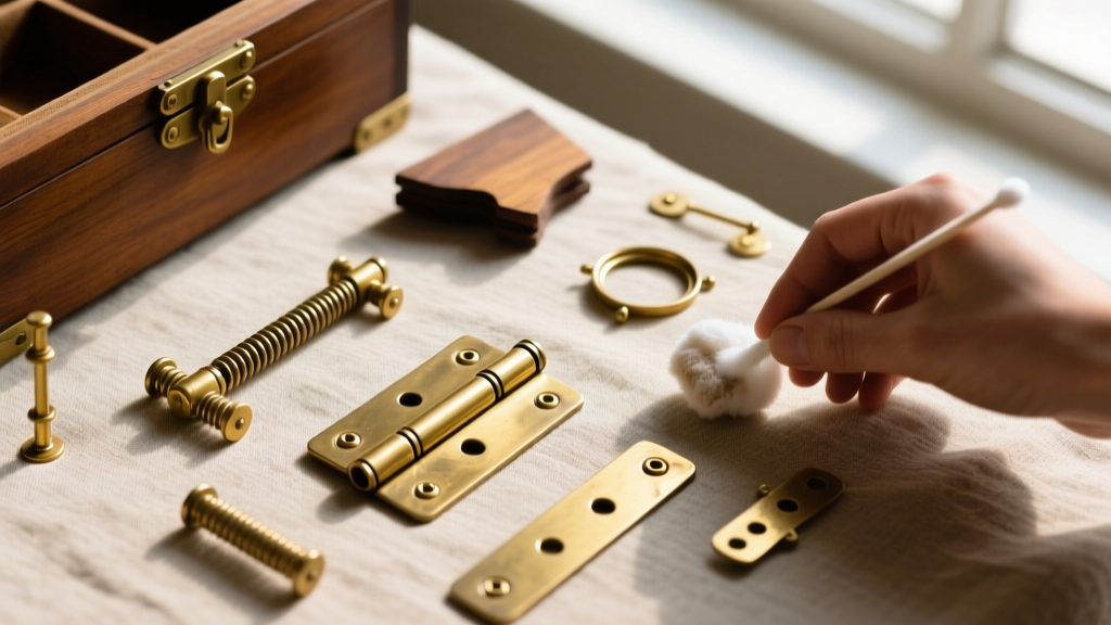 Overhead view of a disassembled vintage brass piano hinge from a wooden jewelry box being cleaned with micro-abrasive polish