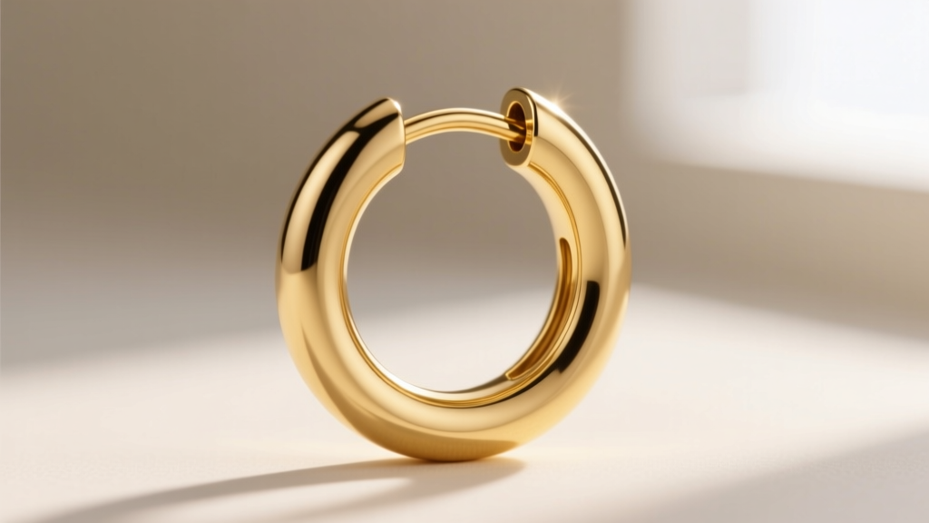 Technical sketch of a 14k gold huggie hoop earring displaying a 12mm diameter, 2mm tube width, and a concealed clicker hinge detail