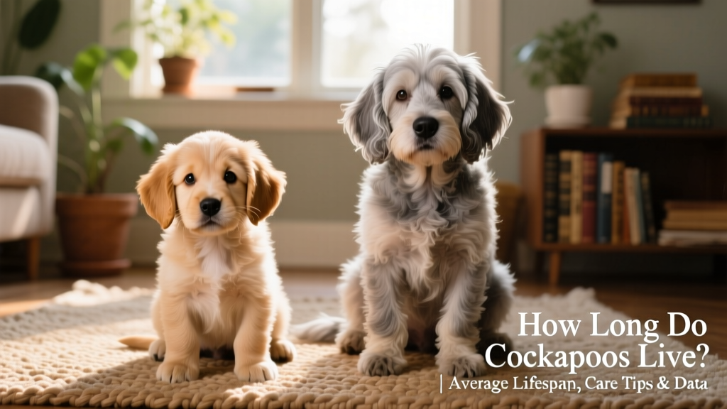 Side-by-side comparison showing a young cockapoo puppy and a gentle senior cockapoo, highlighting subtle physical differences like muzzle color and coat texture
