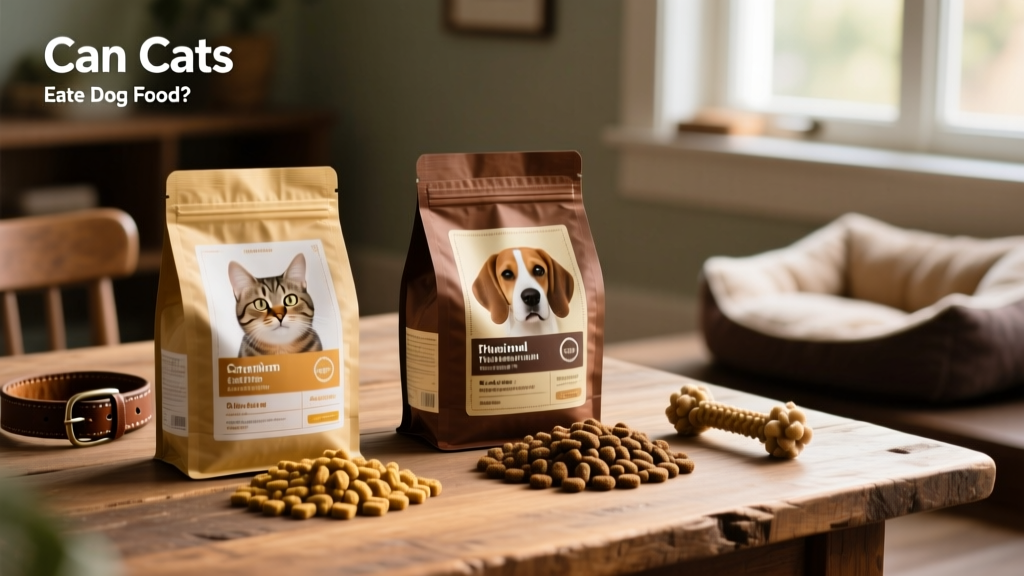 Side-by-side comparison of cat food and dog food kibble with labels highlighting key nutrient differences