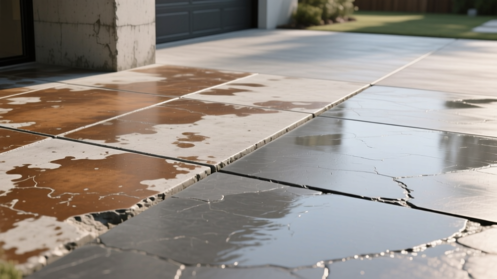 Mottled brown acid-stained concrete patio adjacent to a uniform slate-gray water-based stained driveway with crisp saw-cut joints