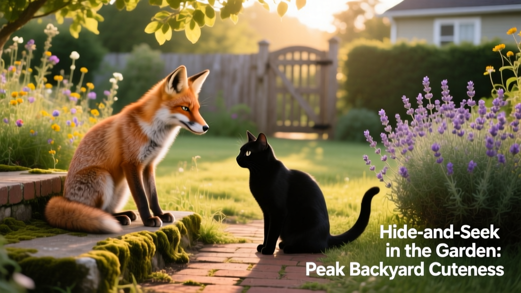 Fox and black cat facing each other in sun-dappled garden, both relaxed and engaged