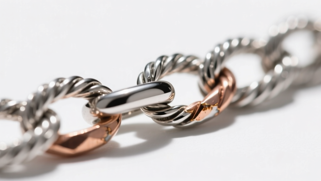 Macro photography of a diamond-cut sterling silver rope chain link, showing rhodium plating wear and the underlying copper alloy tone
