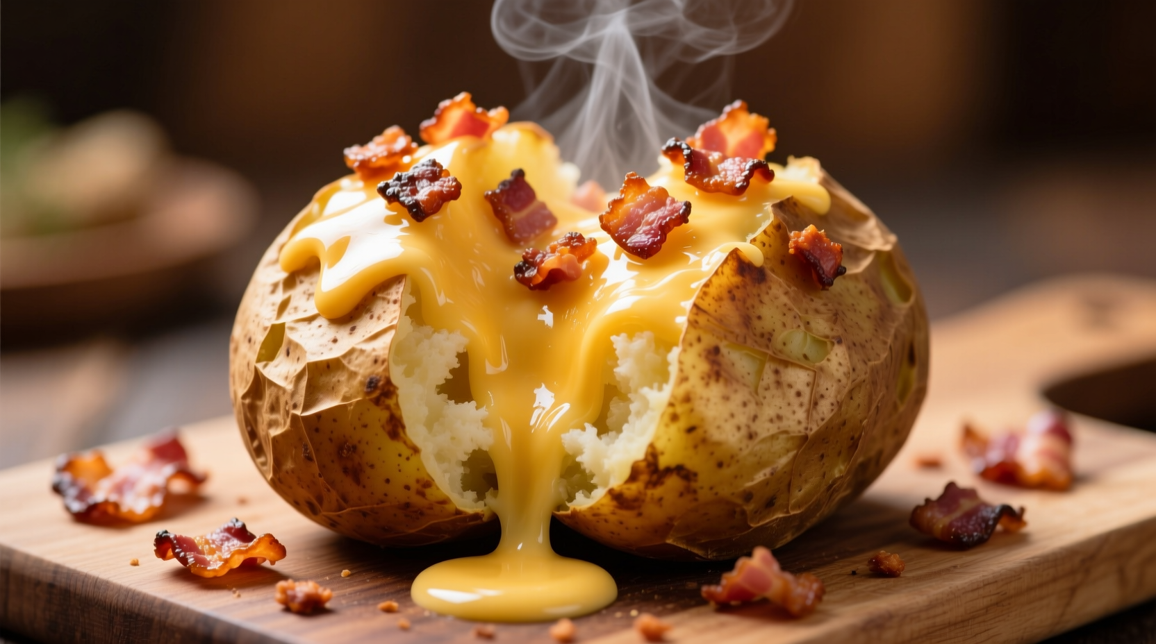 Perfect loaded baked potato with melted cheese and bacon toppings