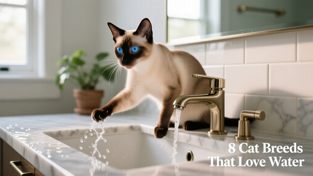 Siamese cat perched on bathroom counter beside a running faucet, paw gently touching the stream of water